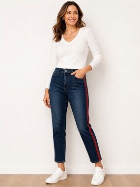 Talbots Flawless High Waist Modern Ankle Jeans Size 12 Dark Wash Red Stripe